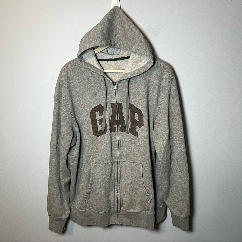 GAP Logo Full Zip Hoodie Adult L Heather Gray Soft Cotton Blend Sweatshirt - Picture 1 of 8